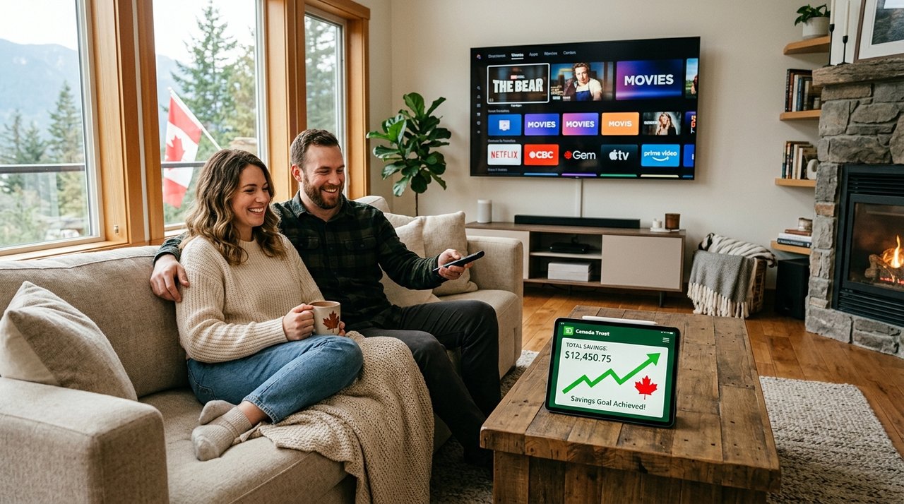 Happy Canadian family and friends saving money and streaming 4K television together through the IPTV Canada referral program
